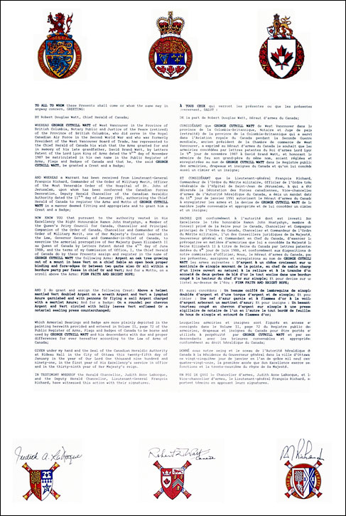 Letters patent registering the heraldic emblems of George Cuthill Watt