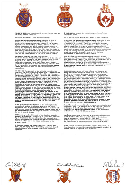 Letters patent granting Armoirial Bearings to Marie Monique Chantal Amyot