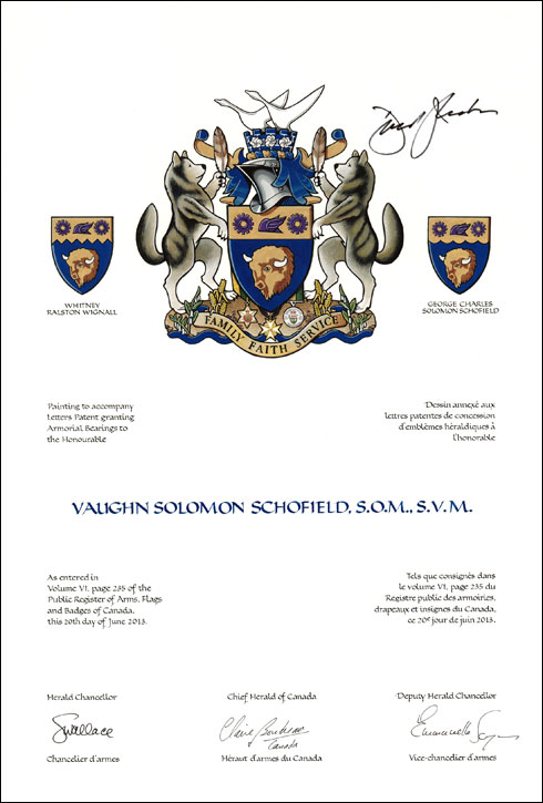 Letters patent granting heraldic emblems to Vaughn Solomon Schofield