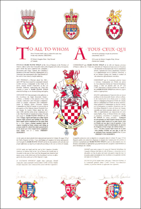 Letters patent granting heraldic emblems to Mark Wayne Tinlin