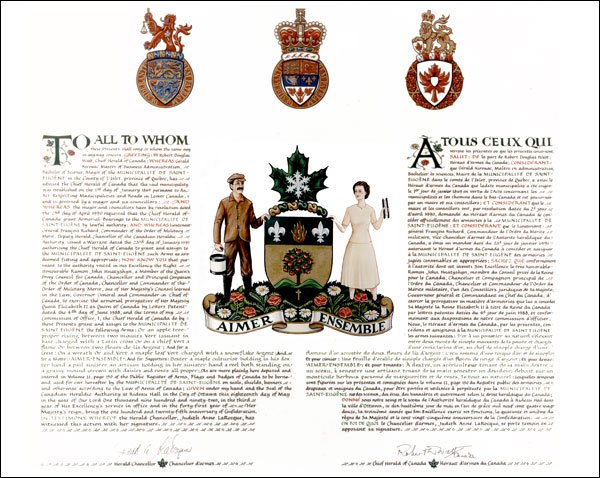 Letters patent granting heraldic emblems to the Municipalité de Saint-Eugène