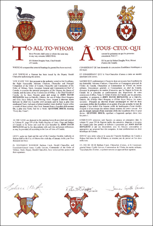 Letters patent granting heraldic emblems to John David Hongisto