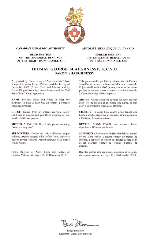 Letters patent registering the heraldic emblems of Thomas George Shaughnessy