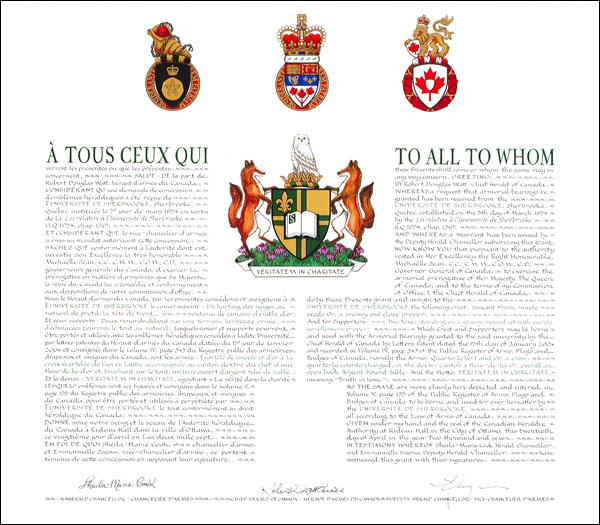 Letters patent granting heraldic emblems to the Université de Sherbrooke