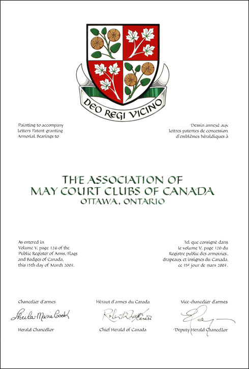 Letters patent granting heraldic emblems to The Association of May Court Club of Canada