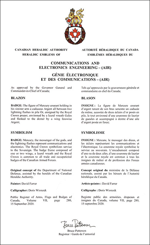 Letters patent approving the heraldic emblems of Communications and Electronics Engineering – (Air) of the Royal Canadian Air Force
