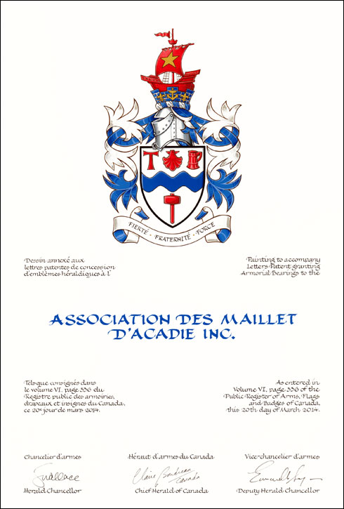 Letters patent granting heraldic emblems to the Association des Maillet d'Acadie Inc.