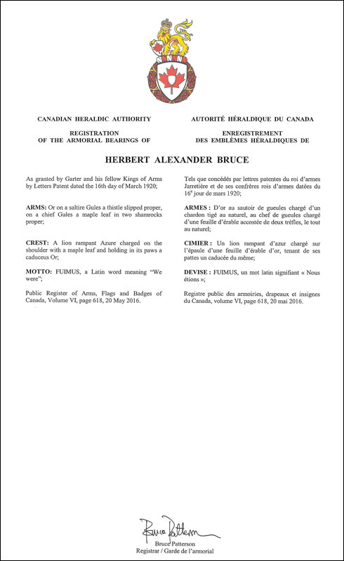 Lettres patentes enregistrant les emblèmes héraldiques de Herbert Alexander Bruce