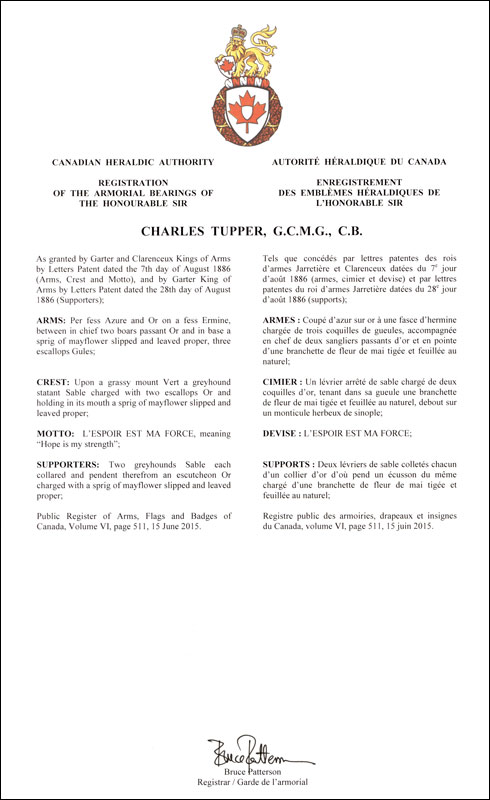 Letters patent registering the heraldic emblems of Charles Tupper