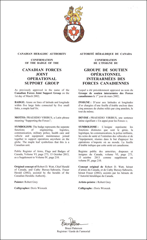 Letters patent confirming the blazon of the Badge of the Canadian Forces Joint Operational Support Group