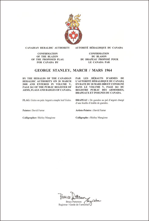 Letters patent confirming the blazon of the Proposed Flag: George Stanley, 1964