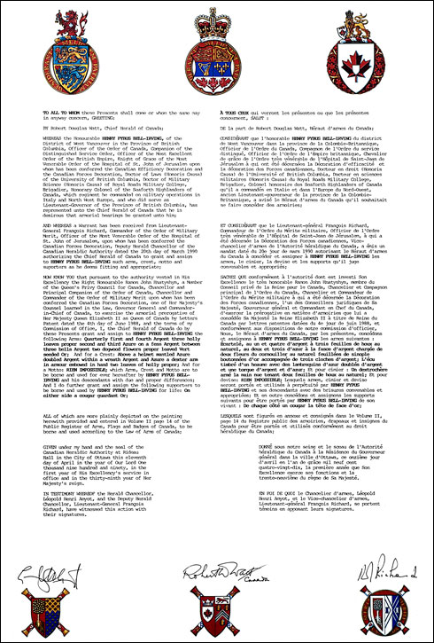 Letters patent granting heraldic emblems to Henry Pybus Bell-Irving