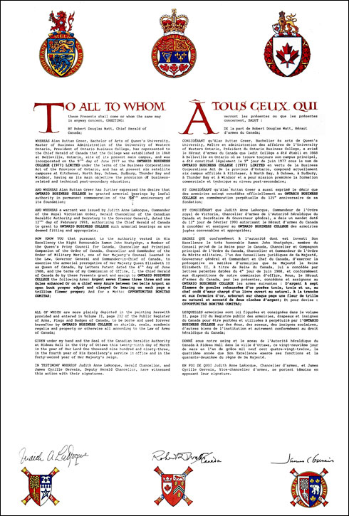 Letters patent granting heraldic emblems to the Ontario Business College