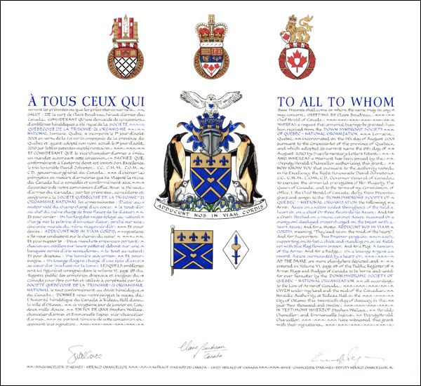 Letters patent granting heraldic emblems to the Down Syndrome Society of Québec - National Organization