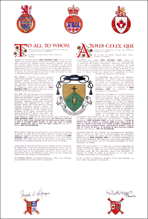 Letters patent granting heraldic emblems to Barry Archibald Jones