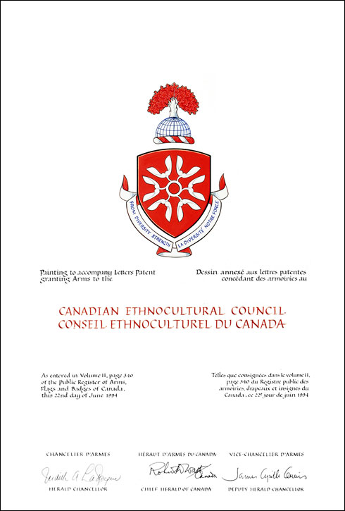Letters patent granting heraldic emblems to the Canadian Ethnocultural Council