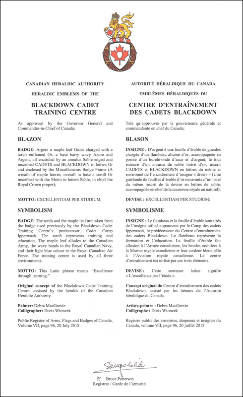 Letters patent approving the heraldic emblems of the Blackdown Cadet Training Centre