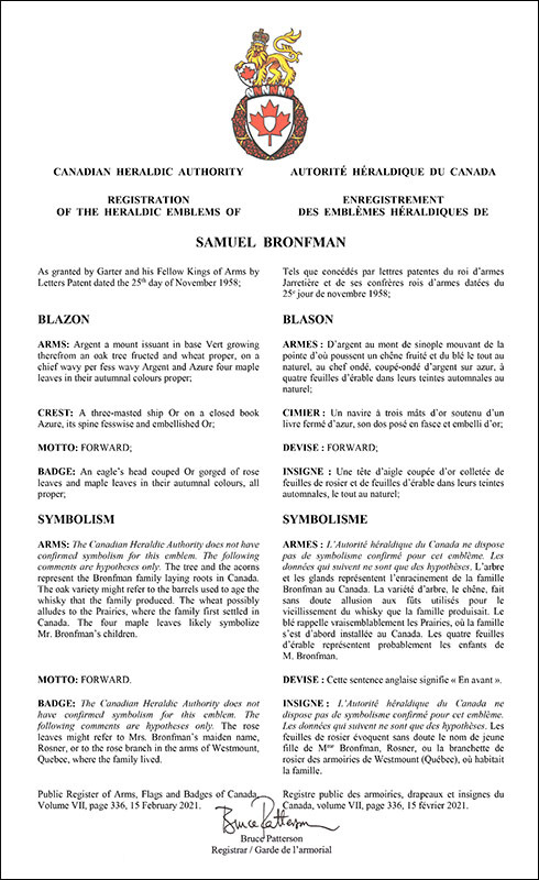 Letters patent registering the heraldic emblems of Samuel Bronfman