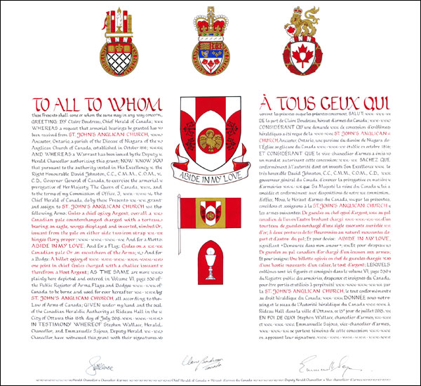 Letters patent granting heraldic emblems to St. John’s Anglican Church