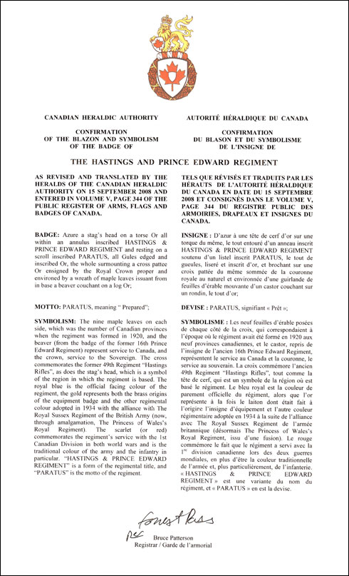 Letters patent confirming the blazon of the Badge of The Hastings and Prince Edward Regiment