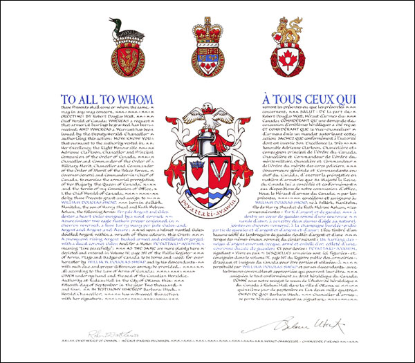 Letters patent granting heraldic emblems to William Douglas Shead