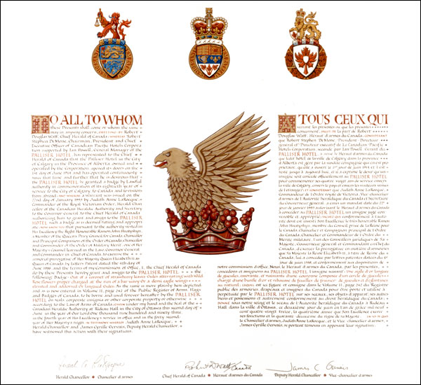 Letters patent granting a Badge to the Palliser Hotel