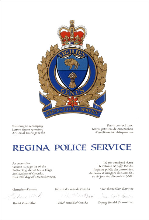 Letters patent granting heraldic emblems to the Regina Police Service
