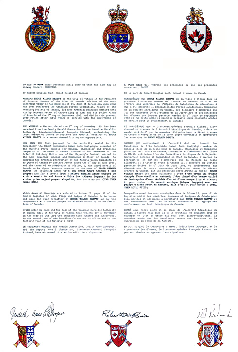 Letters patent registering the heraldic emblems of Bruce Wilbur Beatty