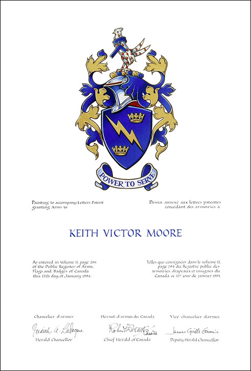 Letters patent granting heraldic emblems to Keith Victor Moore