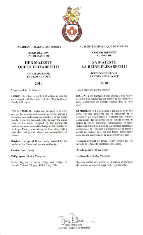 Letters patent registering the heraldic emblems of Queen Elizabeth II