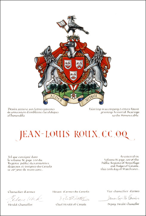 Letters patent granting heraldic emblems to Jean-Louis Roux