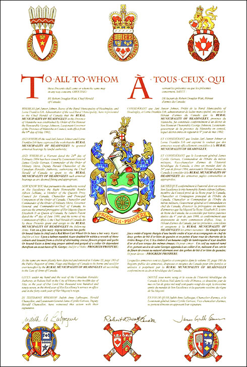 Letters patent granting heraldic emblems to the Rural Municipality of Headingley