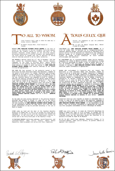 Letters patent granting heraldic emblems to Anne Geraldine Skidmore Taylor Gardner