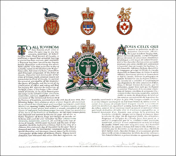 Letters patent granting heraldic emblems to the Corrections Division, Manitoba Justice