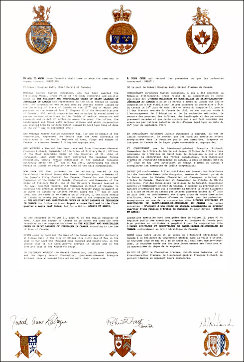 Letters patent registering the heraldic emblems of The Military and Hospitaller Order of Saint Lazarus of Jerusalem in Canada