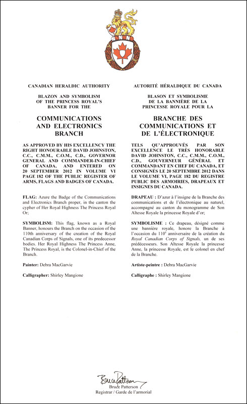 Letters patent approving the Flag of the Communications and Electronics Branch