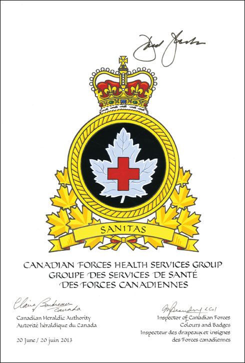 Letters patent approving the Badge of the Canadian Forces Health Services Group