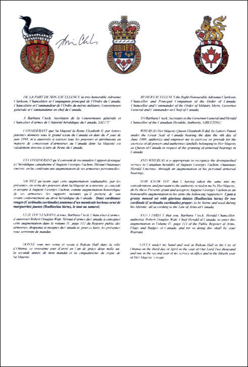 Vice Regal Warrant granting heraldic emblems to Auguste Georges Vachon
