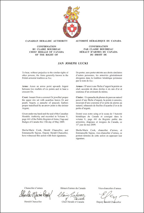 Letters patent confirming the right of Jan Joseph Łucki to bear the Arms known as Sas