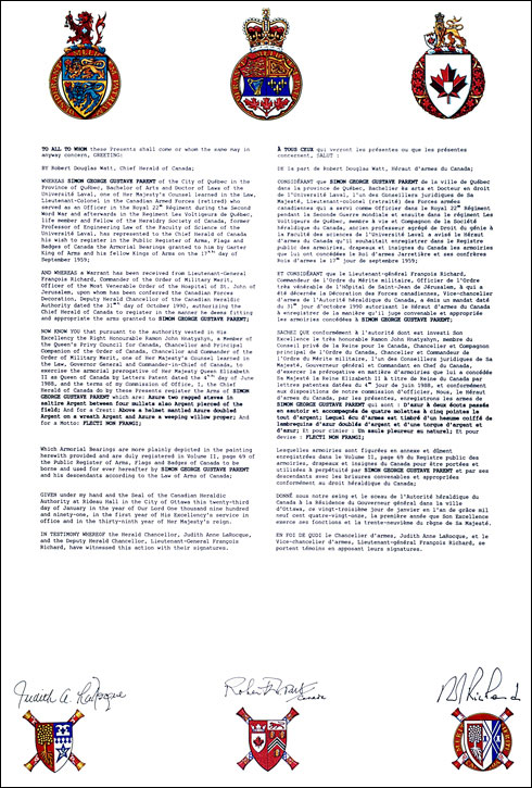 Letters patent registering the heraldic emblems of Simon George Gustave Parent