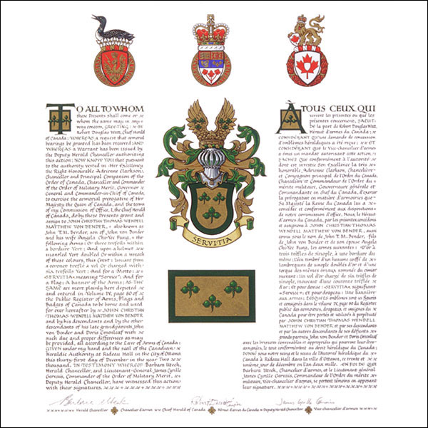 Letters patent granting heraldic emblems to John Christian Thomas Wendell Matthew von Bender