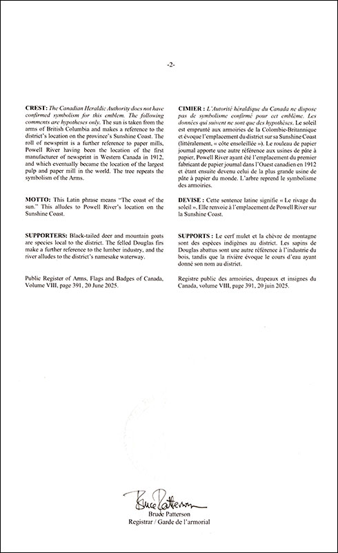 Letters patent registering the heraldic emblems of the District of Powell River