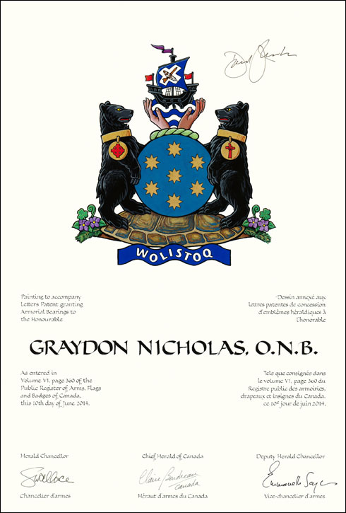 Letters patent granting heraldic emblems to Graydon Nicholas