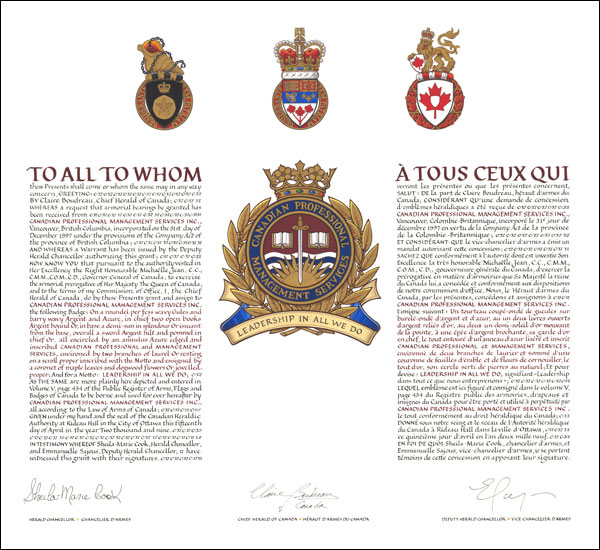 Letters patent granting a Badge to Canadian Professional Management Services Inc.