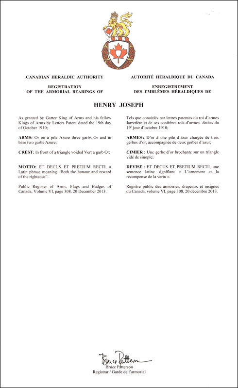 Letters patent registering the heraldic emblems of Henry Joseph