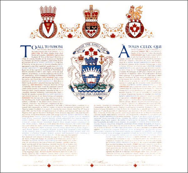 Letters patent granting heraldic emblems to Royal Roads University