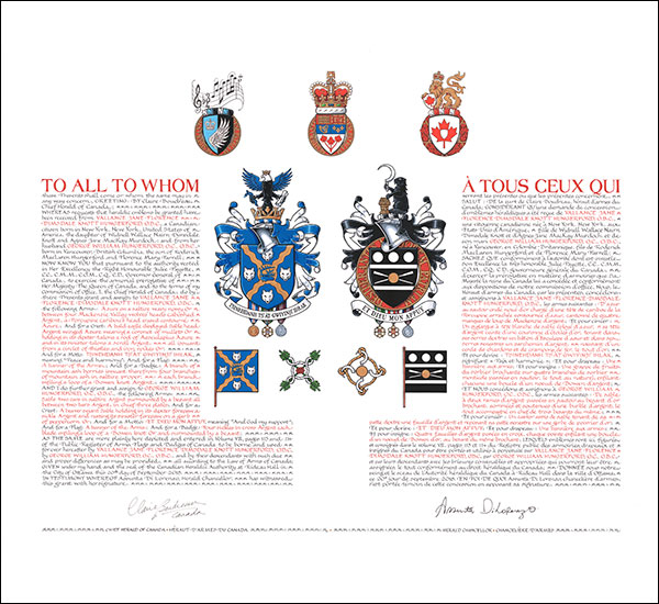 Letters patent granting heraldic emblems to Vallance Jane Florence Dimsdale Knott Hungerford