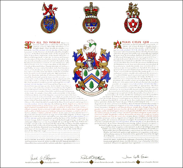 Letters patent granting heraldic emblems to Victor George Peter Irving