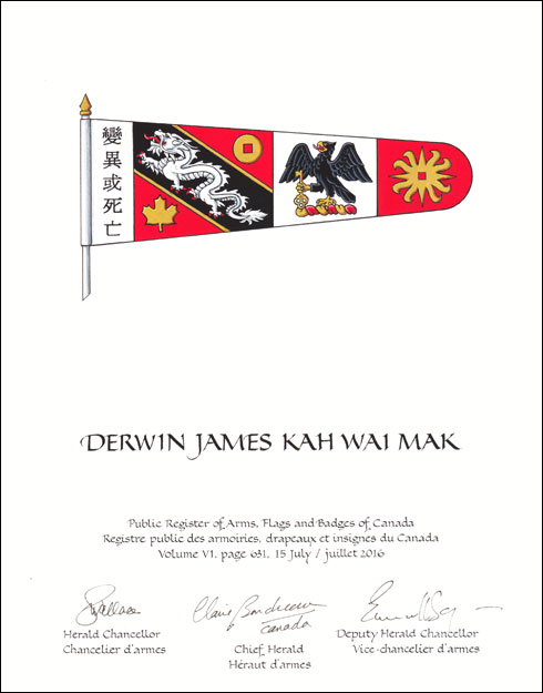 Letters patent granting a Standard to Derwin James Kah Wai Mak