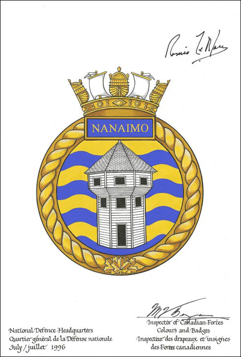 Letters patent confirming the blazon of the Badge of HMCS Nanaimo